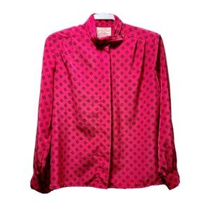 Vtg Pendleton Womens High Neck Button-Up Blouse Size 10P Pink Black Long Sleeve